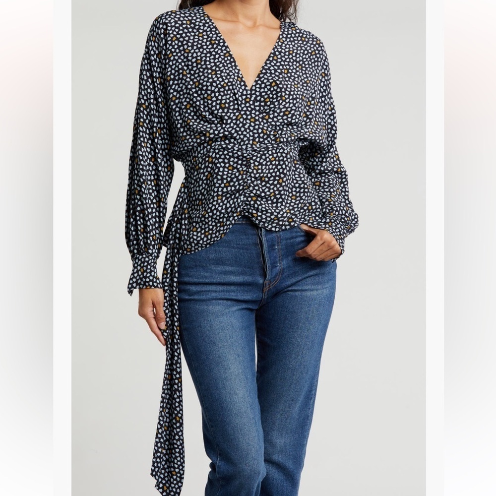 Joie Louise Navy Micro Dot Faux Wrap Blouse: XS